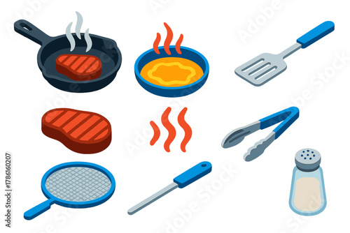 Cooking Techniques Icons. Isometric vector illustration set Cooking techniques – cast iron skillet, hot oil pool, metal spatula;