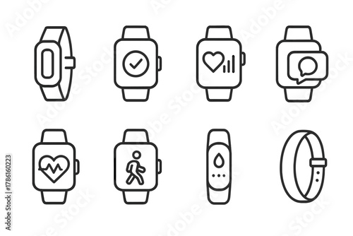 Wearable Tech Icons. Line style icons of Wearable Tech: Wearable Device, Smartwatch, Health Tracking, Notification, Heart Rate