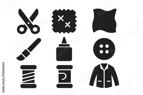 Upcycling Icons Collection. Solid style icons of upcycling: scissors, patch, fabric piece, paintbrush, glue bottle, button, thread