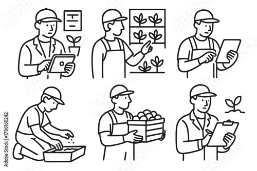 Indoor Farm Workers Icons. Line style icons of indoor farm workers: farm technician, hydroponics specialist, grower with tablet,
