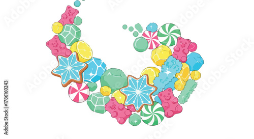 A vibrant swirl of assorted candies, including gummy bears, lollipops, and star-shaped cookies, creates a colorful and playful design on a white backdrop.