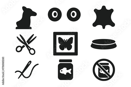 Taxidermy Essential Icons. Solid style icons of Taxidermy: form mount, glass eyes, animal hide, delicate tools, specimen frame,