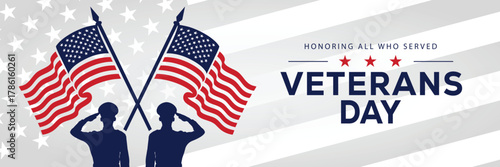 Veterans Day banner with a soldier silhouette saluting, flanked by American flags, set against a background of stars and stripes. Honors veterans and service members who served the USA.