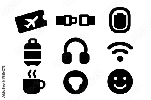 Passenger Experience Icons. Solid style icons of passenger experience: ticket, seatbelt, window, luggage, headphones, wifi signal,