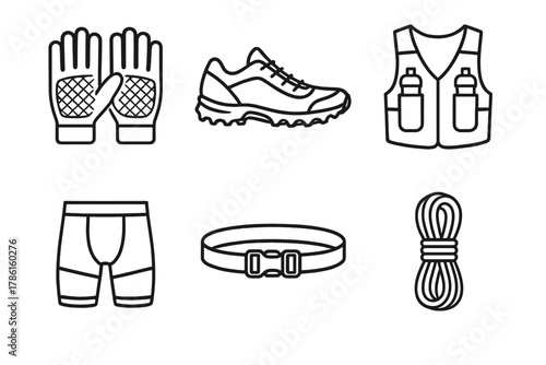 OCR Gear Icons. Line style icons of OCR gear: grip gloves, trail shoes, hydration vest, compression shorts, OCR belt, climbing