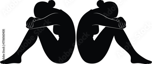 Black silhouette, mirrored figures, emotional posture, minimalist art, contemplative mood, seated pose, back-to-back symmetry, reflection, solitude, line drawing