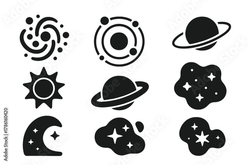 Cosmic Scale Icons. Solid style icons of Cosmic Scale: galaxy cluster, star system, orbital path, giant sun, planetary ring, dark