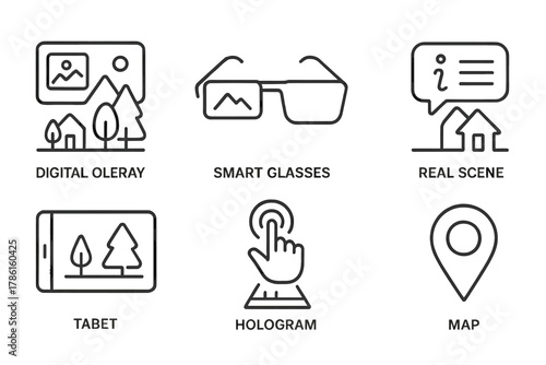 Augmented Reality Icons. Line style icons of Augmented Reality: Digital Overlay, Smart Glasses, Virtual Info, Real Scene, Tablet,