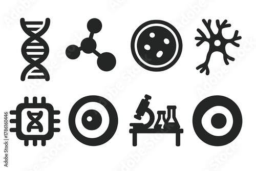 Life Sciences Icons. Solid style icons of Life Sciences: genome sequence, protein model, tissue culture, neuron map, biochip, cell