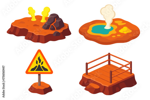 Vibrant Volcanic Landscapes. Isometric vector illustration set Mountain landscapes – rugged volcanic plateau, lava rock, sulfur