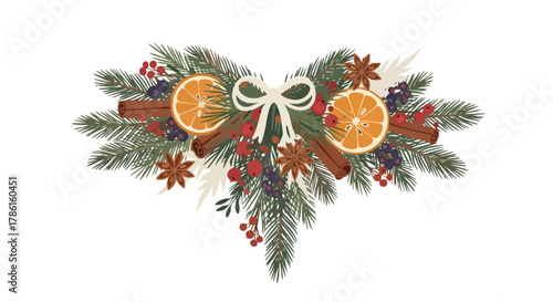 A festive illustration showcases a charming Christmas arrangement, featuring pine branches, dried oranges, cinnamon sticks, and a delicate white bow, all on a clean white background.