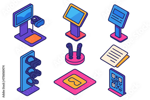 VR Gaming Setup. Isometric vector illustration set VR gaming setup – virtual reality demo station, info kiosk, touchscreen panel;