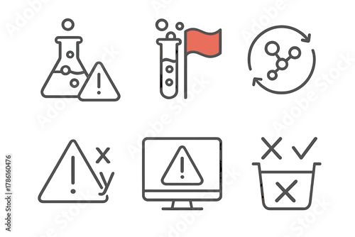 Troubleshooting Icons. Line style icons of troubleshooting and error detection: experiment failure alert, red flag chemical