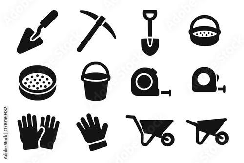 Excavation Tools Icons. Solid style icons of excavation tools: trowel, pickaxe, shovel, sieve, bucket, measuring tape, gloves,