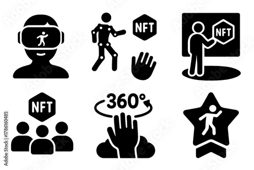 Immersive NFT Icons. Solid style icons of immersive NFT experience: VR headset with dance loop, motion-captured NFT avatar, NFT