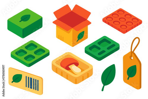 Eco Packaging Icons. Isometric vector illustration set Climate action – eco-friendly packaging, corrugated box, biodegradable wrap