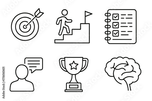 Goal Setting Icons. Line style icons of goal setting for brain development: SMART goal icon, progress steps chart, habit tracker
