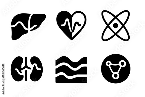 Quantum Organ Icons. Solid style icons of superposition in organ function: liver with wave overlay, dual-state heart icon, organ