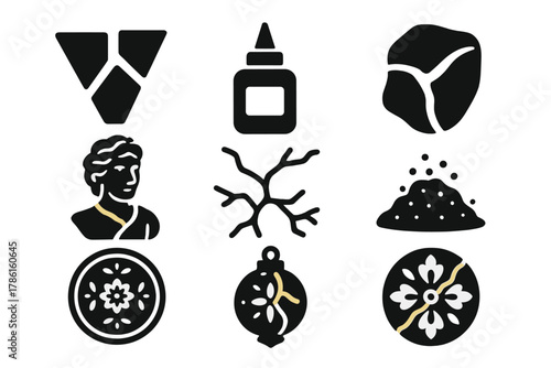 Artistic Repair Icons. Solid style icons of Artistic Repair: mosaic shard, glue bottle, painted seam, restored sculpture, crack