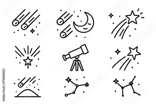 Meteor Shower Icons. Line style icons of Meteor Shower: Streaking Light, Night Sky, Wish, Radiant Point, Telescope, Shooting Star,