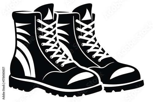 military combat boot black and white silhouette on white background