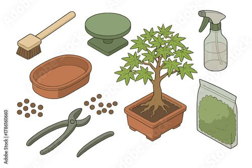 Bonsai Gardening Tools. Isometric vector illustration set of Bonsai gardening: small bonsai brush, bonsai turntable, shallow