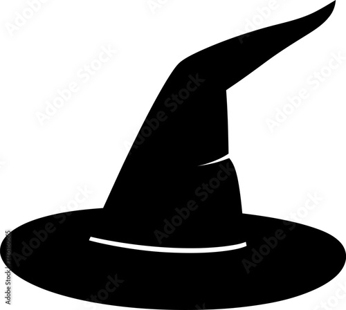 A black silhouette of a classic pointed witch's hat with a wide brim, isolated on a white background.