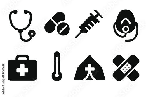Medical Relief Icons. Solid style icons of medical relief: stethoscope, pills, syringe, oxygen mask, first aid kit, thermometer,