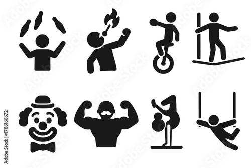 Solid Circus Icons. Solid style icons of Circus Acts: juggling pins, fire eater, unicycle, tightrope walker, clown face, strongman