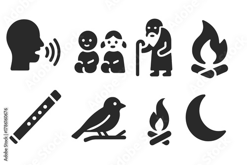 Oral Tradition Icons. Solid style icons of oral traditions: speaking face, curved sound waves, children listening, elder with