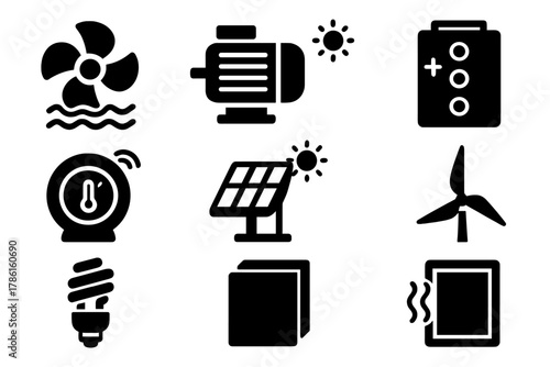 Clean Tech Icons. Solid style icons of Clean Technology: water turbine, electric motor, fuel cell, smart thermostat, solar heater,