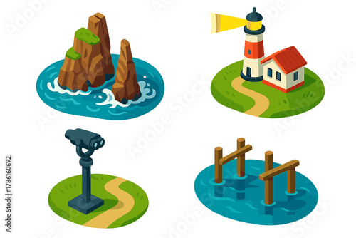 Coastal Cliffs Illustration. Isometric vector illustration set Mountain landscapes – rocky coastal cliffs, crashing waves, sea