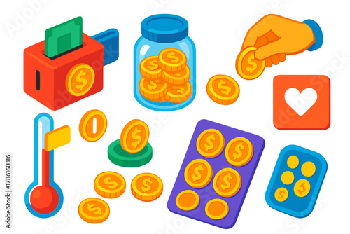 Charity Donation Icons. Isometric vector illustration set Currency and coins – charity donation box, coin slot, note slot;
