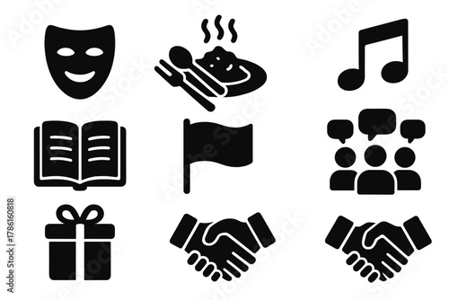 Cultural Exchange Icons. Solid style icons of cultural exchange: mask, food plate, musical note, open book, flag, group discussion