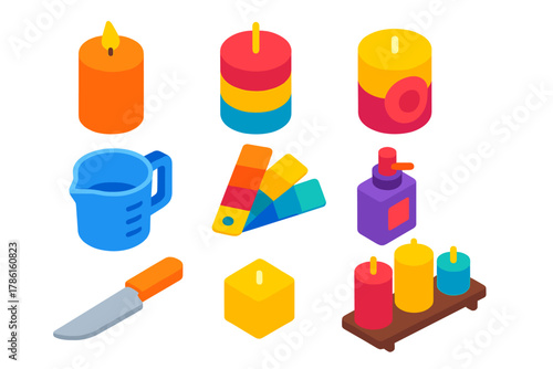 Colorful Candle Crafting. Isometric vector illustration set Candle making – scented pillar candle, layered color blocks, embed