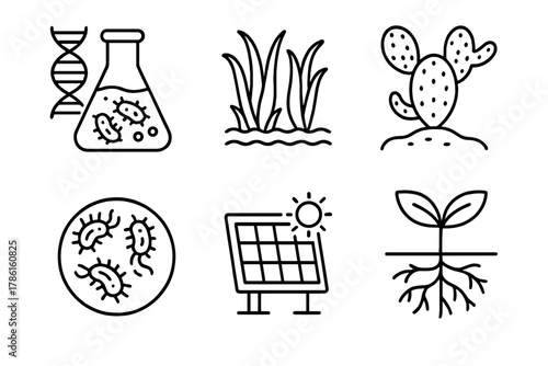 Biological Terraforming Icons. Line style icons of biological terraforming agents: genetically modified algae, oxygen-producing