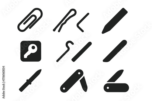 Escape Tools Icons. Solid style icons of Escape Tools: paperclip, bobby pin, shim, hidden key, improvised pick, nail file, thin