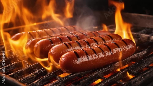 Four Grilling Hot Dogs on a Smoky Barbecue Grate