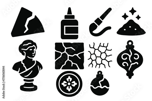 Artistic Repair Icons. Solid style icons of Artistic Repair: mosaic shard, glue bottle, painted seam, restored sculpture, crack