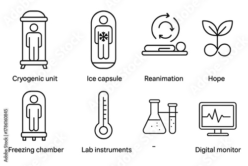 Cryonics Icon Set. Line style icons of Cryonics: Cryogenic Unit, Ice Capsule, Reanimation, Hope Symbol, Freezing Chamber,