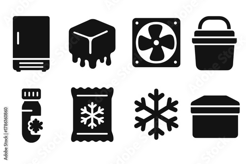 Cold Storage Icons. Solid style icons of Cold Storage: freezer unit, ice block, cooling fan, thermal container, frozen vial, cold