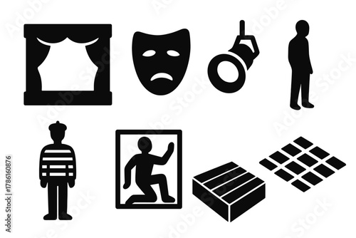 Silent Theater Icons. Solid style icons of Silent Theater: black stage, mime mask, spotlight circle, dramatic shadow, still figure