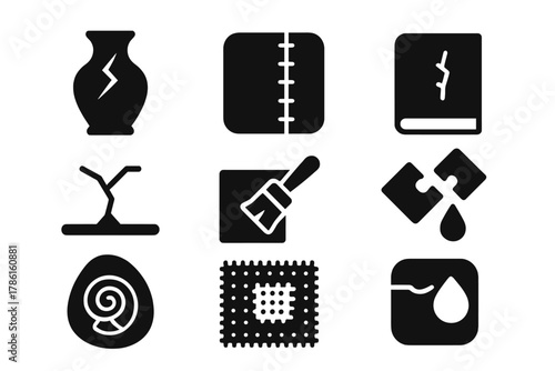 Restoration Icons Collection. Solid style icons of restoration process: cracked vase, stitched fabric, repaired book, filled crack