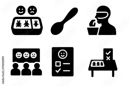 Tasting Event Icons. Solid style icons of taste-test and adoption: bug tray with emoji reactions, test spoon icon, blind taste box