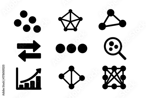 Unsupervised Learning Icons. Solid style icons of unsupervised learning: cluster dots, web, graph nodes, arrows, circles,
