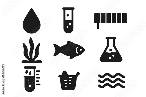 Water Quality Icons. Solid style icons of water quality projects: droplet, test tube, pH scale, aquatic plant, fish, lab flask,