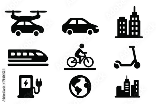 Future Mobility Icons. Solid style icons of future mobility: drone taxi, EV car, maglev train, bicycle lane, scooter, charging