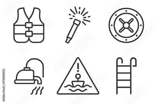 Amphibious Car Safety Icons. Line style icons of amphibious car safety features: life jacket icon, emergency flare sketch,