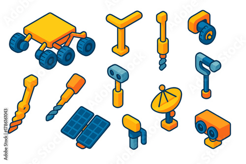 Space Rover Components. Isometric vector illustration set Space exploration – planetary rover chassis, wheel motor, suspension arm