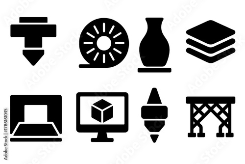 3D Printing Icons. Solid style icons of 3D Printing: extruder head, filament spool, printed object, layer stack, print bed, CAD